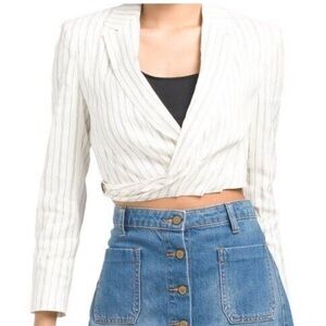 NWT Zara Cropped Lenin / Elastic Blazer | Pinstriped Detail | cream & gray XS